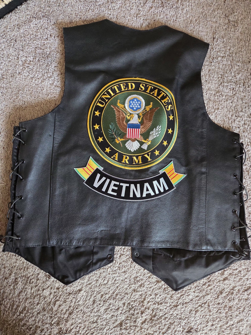 ONE OF A KINDBlack Leather Vietnam Patchback Vest with United States Army Emblem